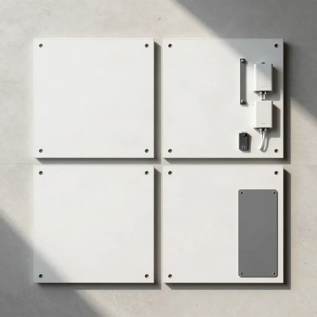 Overhead flatlay of four LED panels with drivers and clips on pale concrete.
