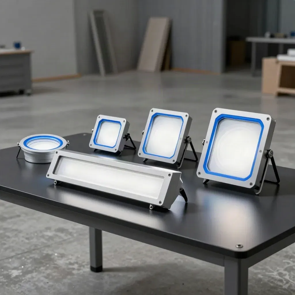 LED panel, batten, downlight and emergency fitting glowing on a matte-black bench.