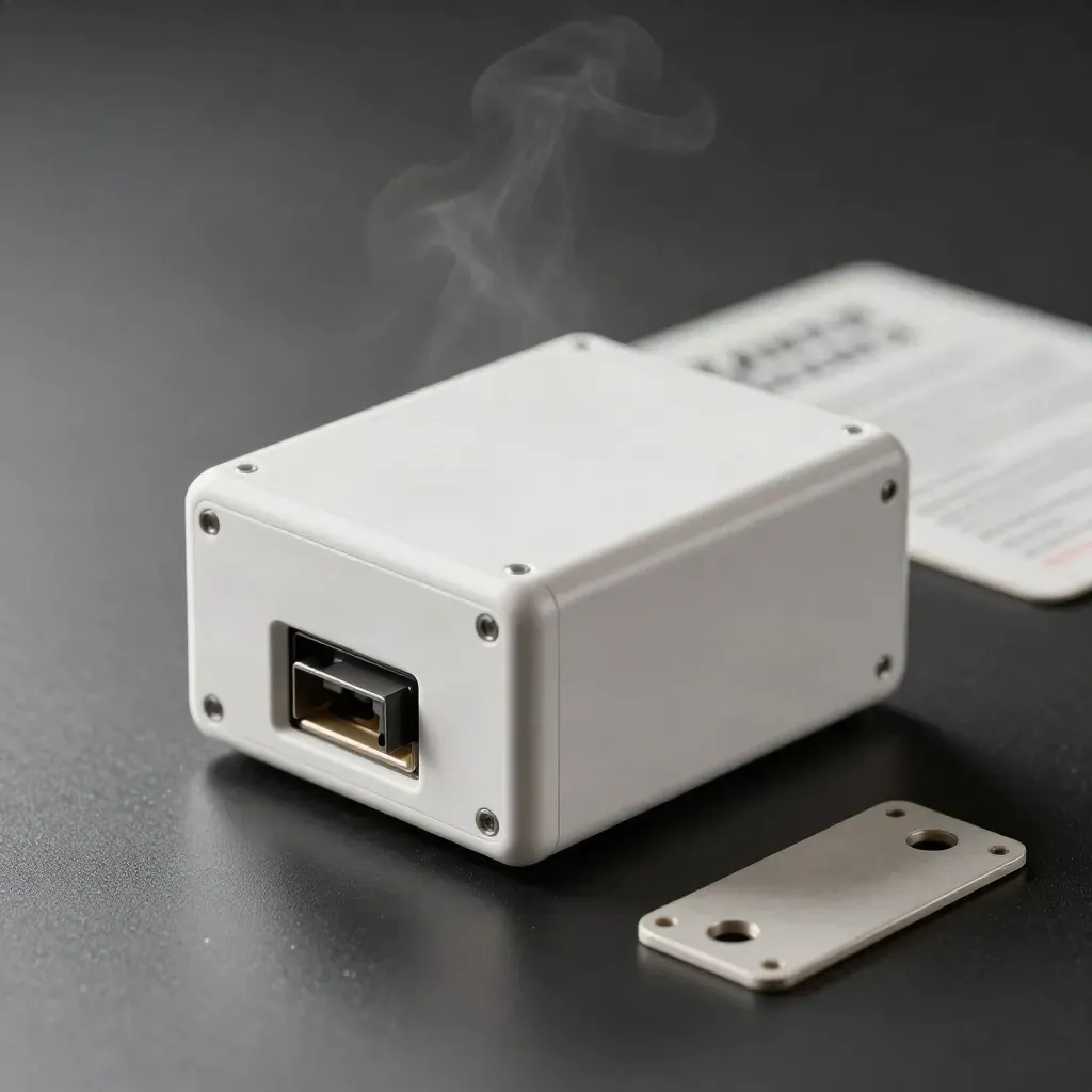 Matte white emergency test pack on black surface with soft rim light and haze