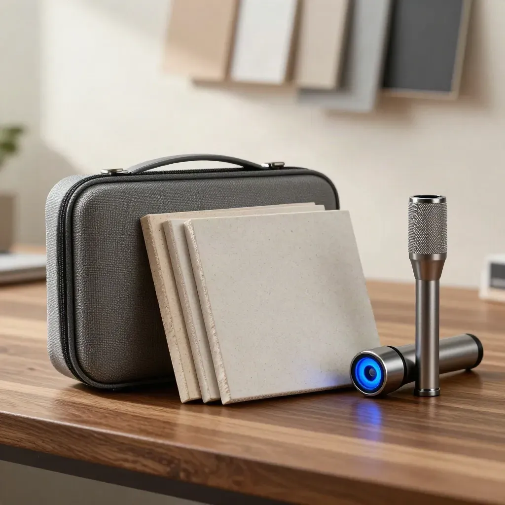 Macro office survey kit: neutral case, ceiling tile samples and compact torch on warm walnut.