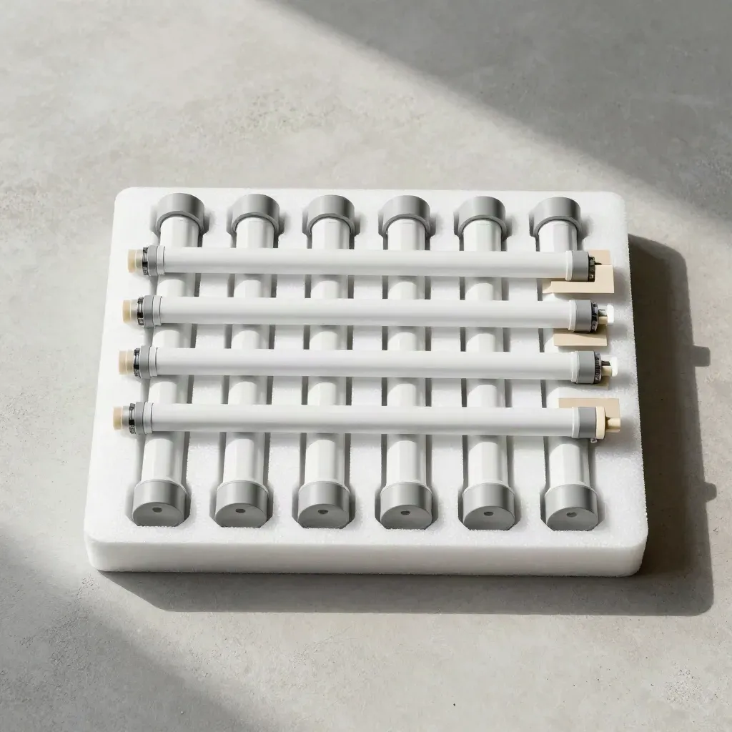 Overhead flatlay of ten LED tubes in a foam cradle on pale concrete.