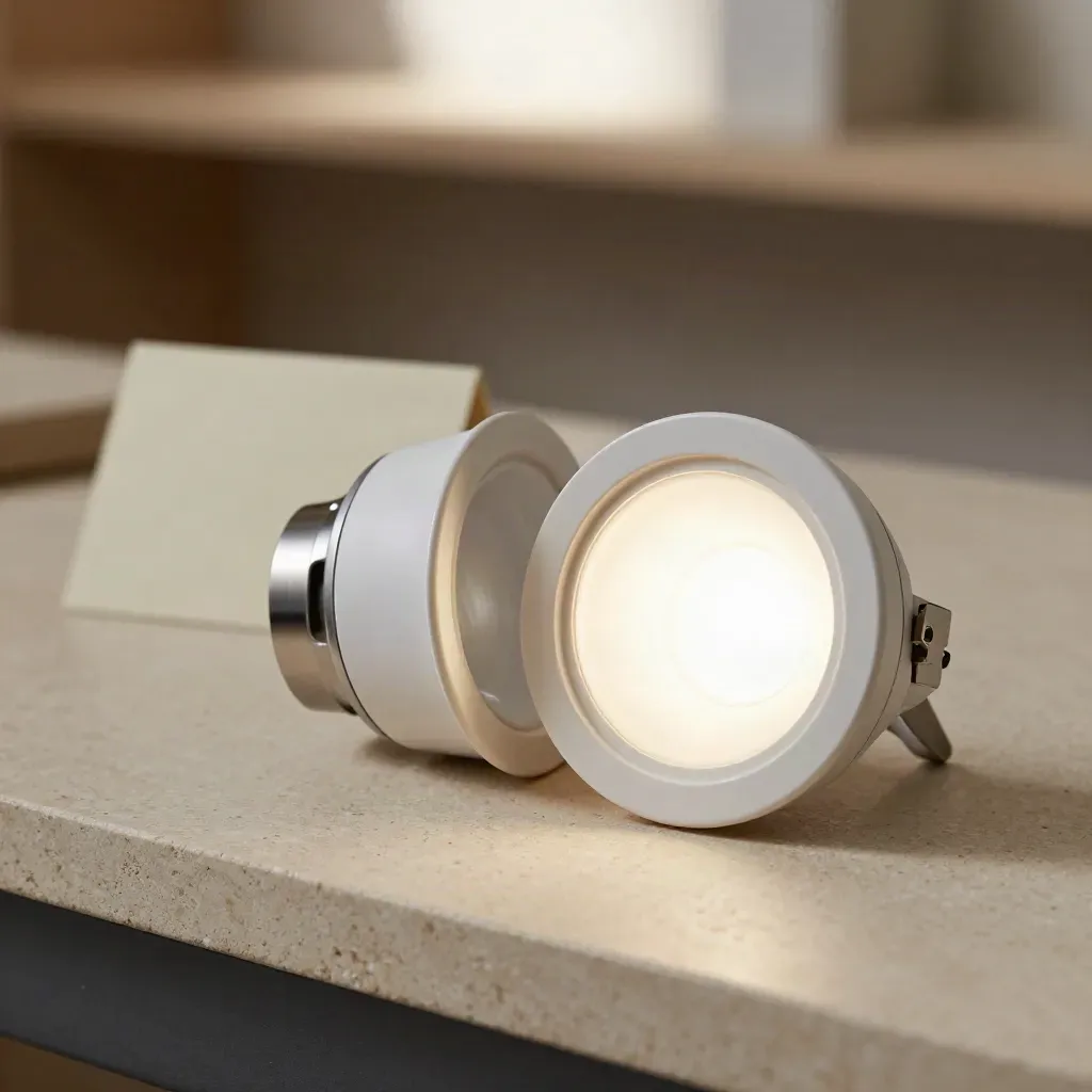 Glowing dimmable downlight with trim ring, dimmer module and spare bezel on pale stone