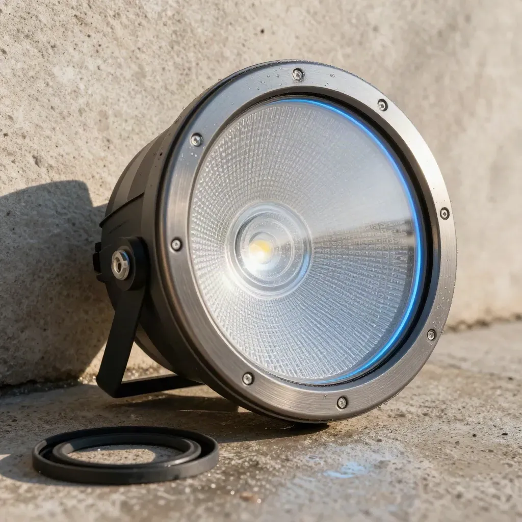 Low-angle bulkhead LED light hero on damp concrete with gasket detail and cool rim glow.