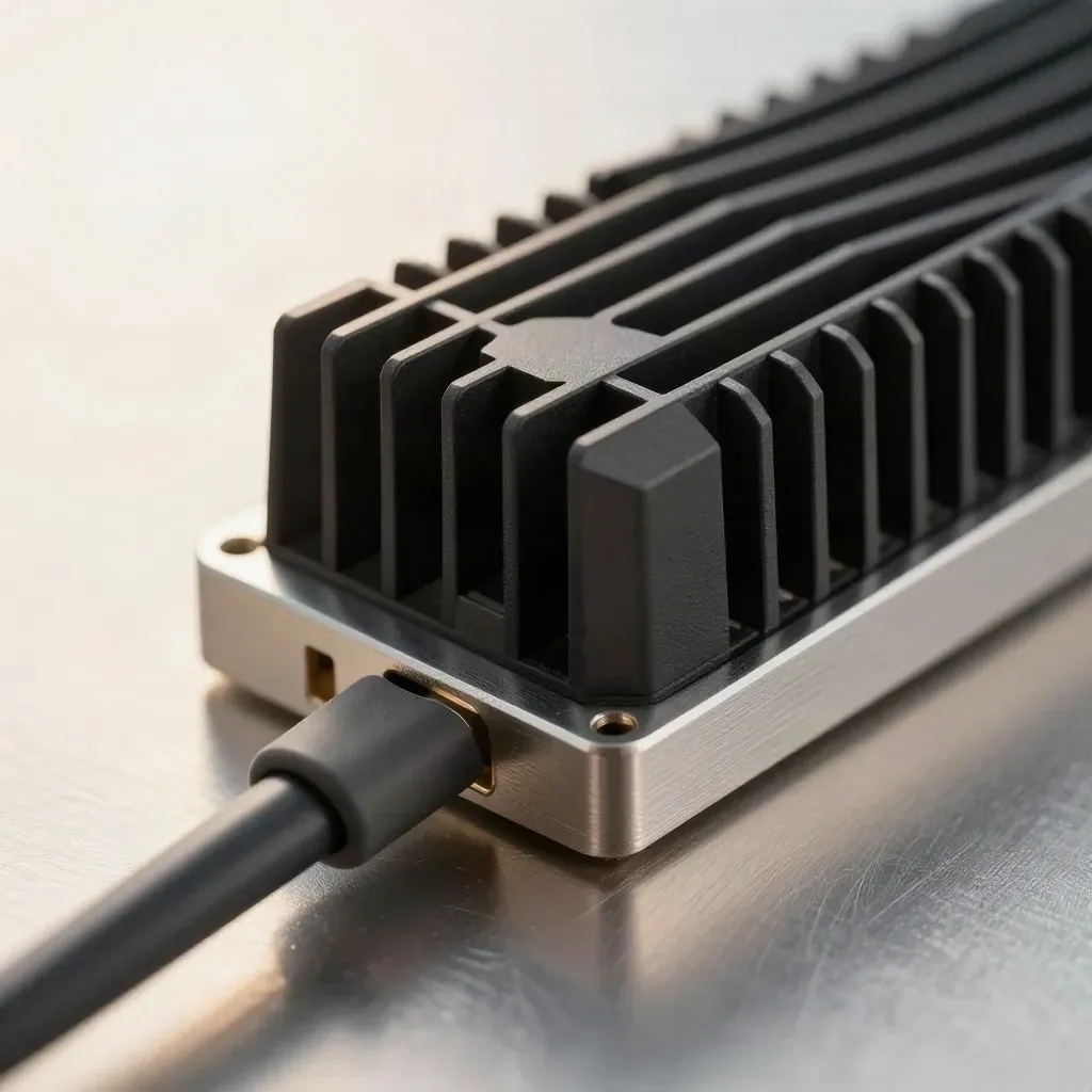 Macro of a matte panel driver with curled cable on brushed metal, softly lit.