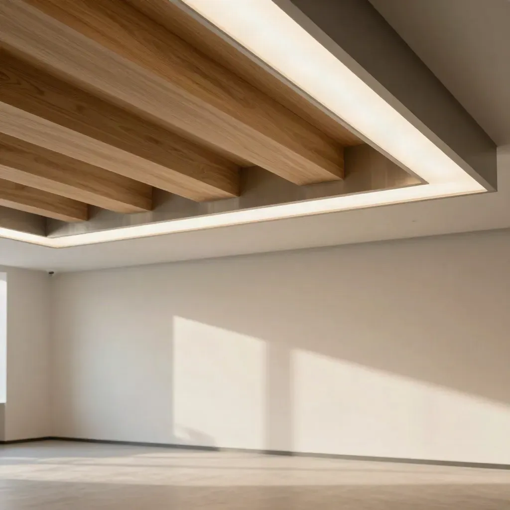 Modern office ceiling with glowing LED panels, pale oak slats and calm empty space below.