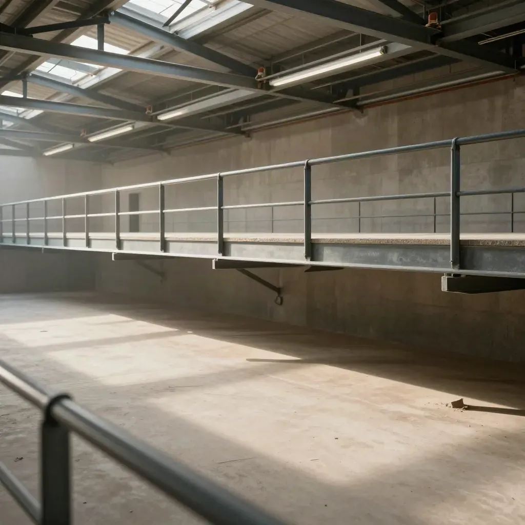 Sunlit warehouse mezzanine with steel rails, concrete, and LED lighting above a calm floor.