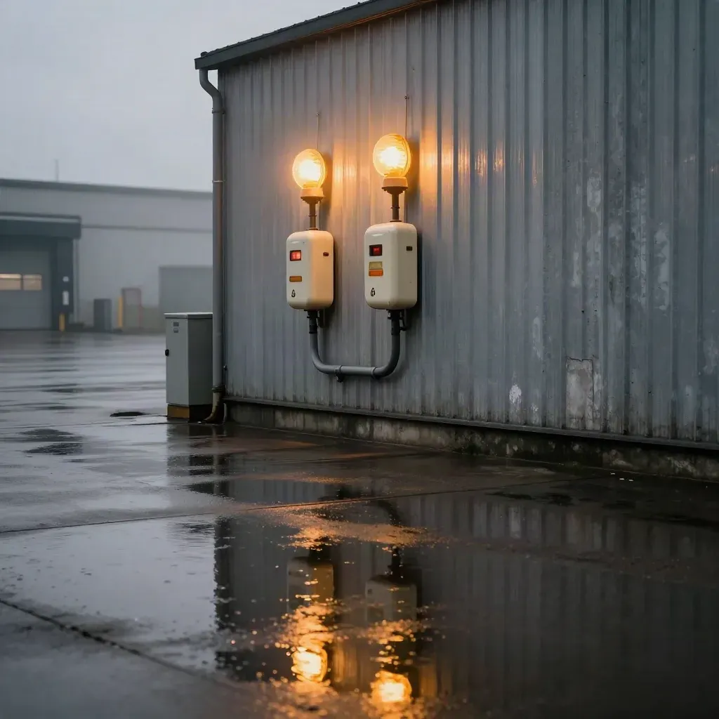Wet emergency lights glowing above reflective tarmac in a misty service yard at dusk.