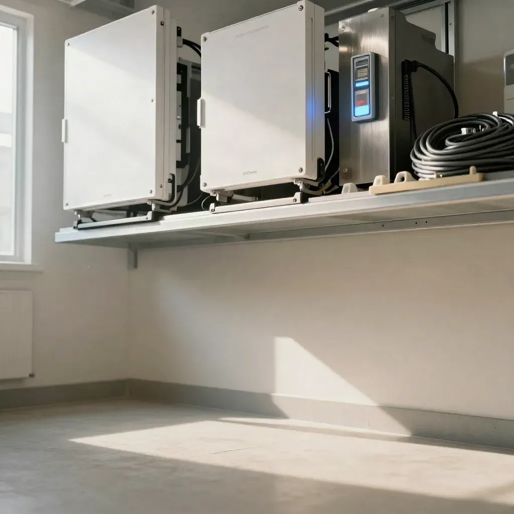 Neutral maintenance room with LED panels, emergency light gear, and open calm floor space