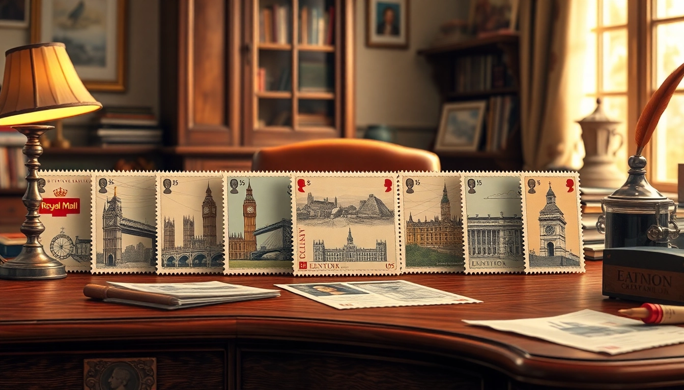 Discover exquisite Royal Mail stamps displayed on a vintage desk, showcasing British history.