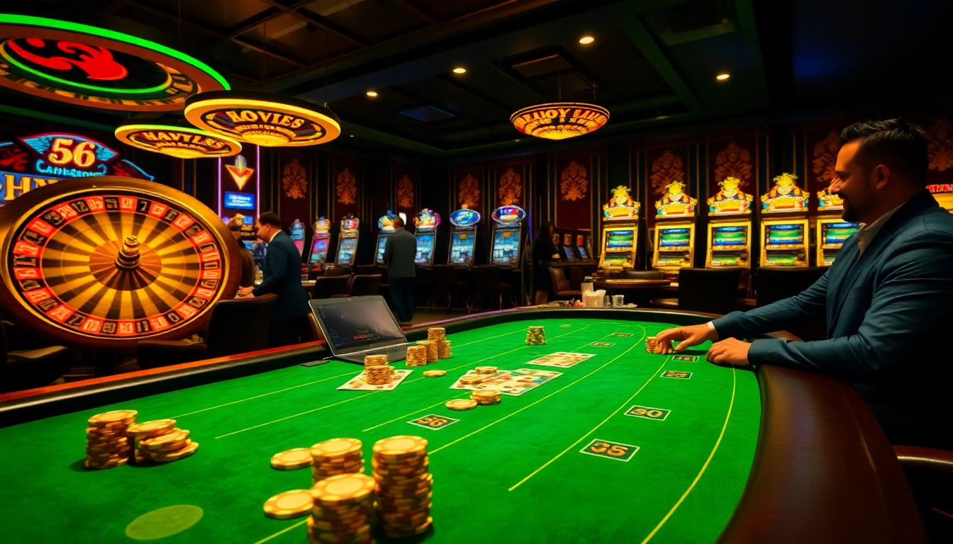 Gamblers enjoying a thrilling game at the luxurious haywin casino table with chips and cards.