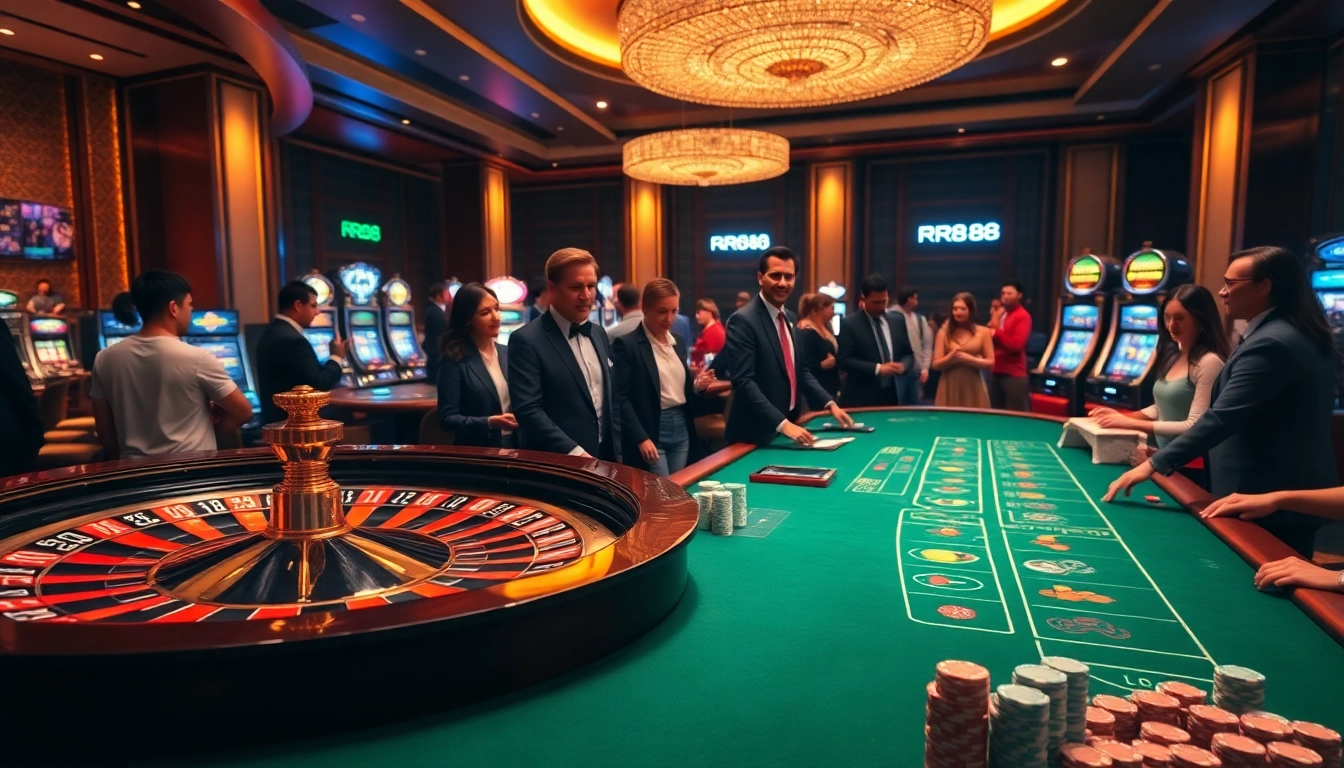 Experience the thrill of RR88 at a luxurious casino featuring roulette and poker tables.