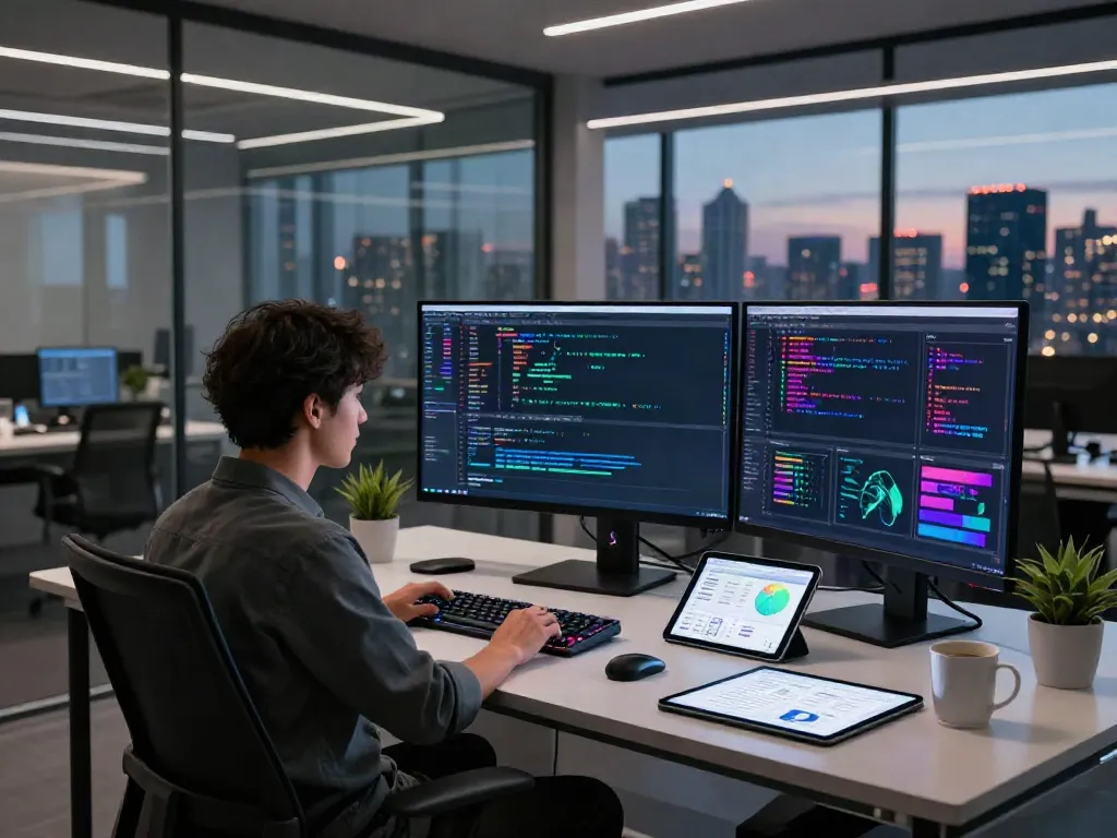 Developer coding with multiple screens illustrating instant indexing algorithms in a high-tech workspace.