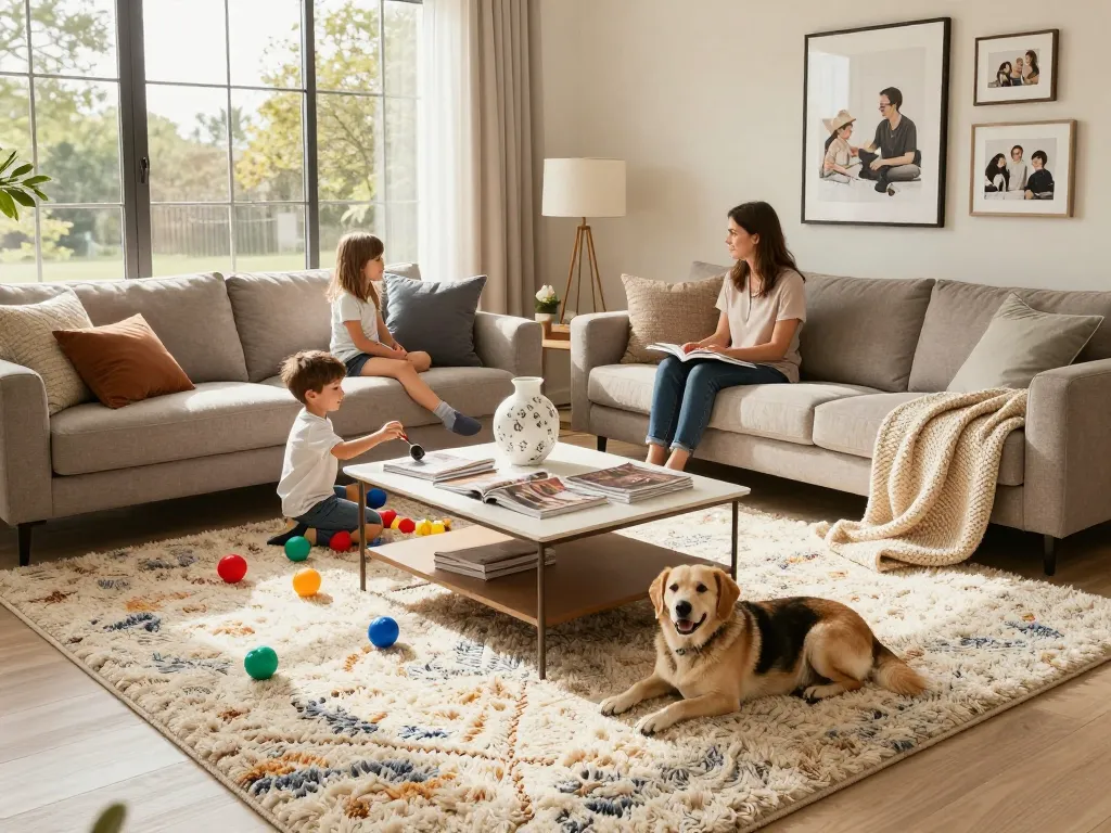 Residential carpet installation enhances a stylish living room with a cozy family gathering.