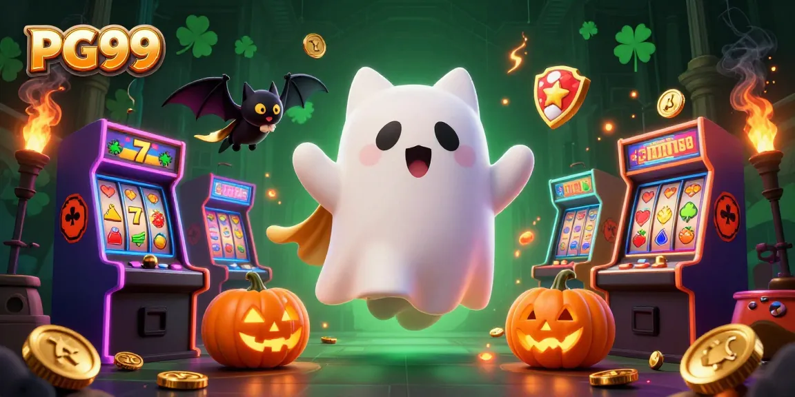 Engage with PG99 in a vibrant haunted casino scene featuring a ghost cat and glowing game elements.