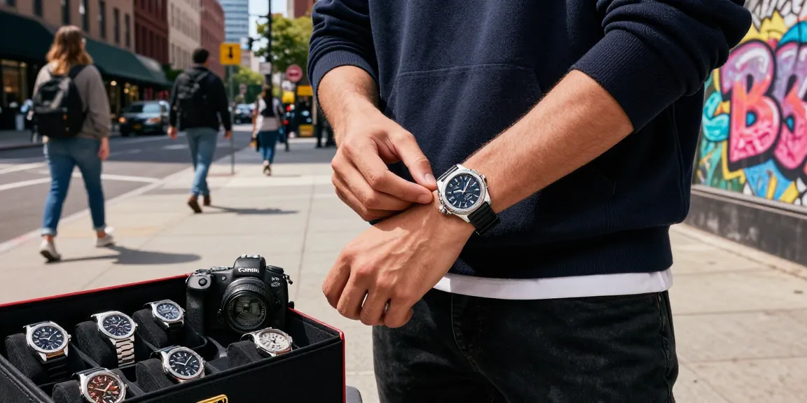 Stylish individual showcasing super clone watches in an urban setting.