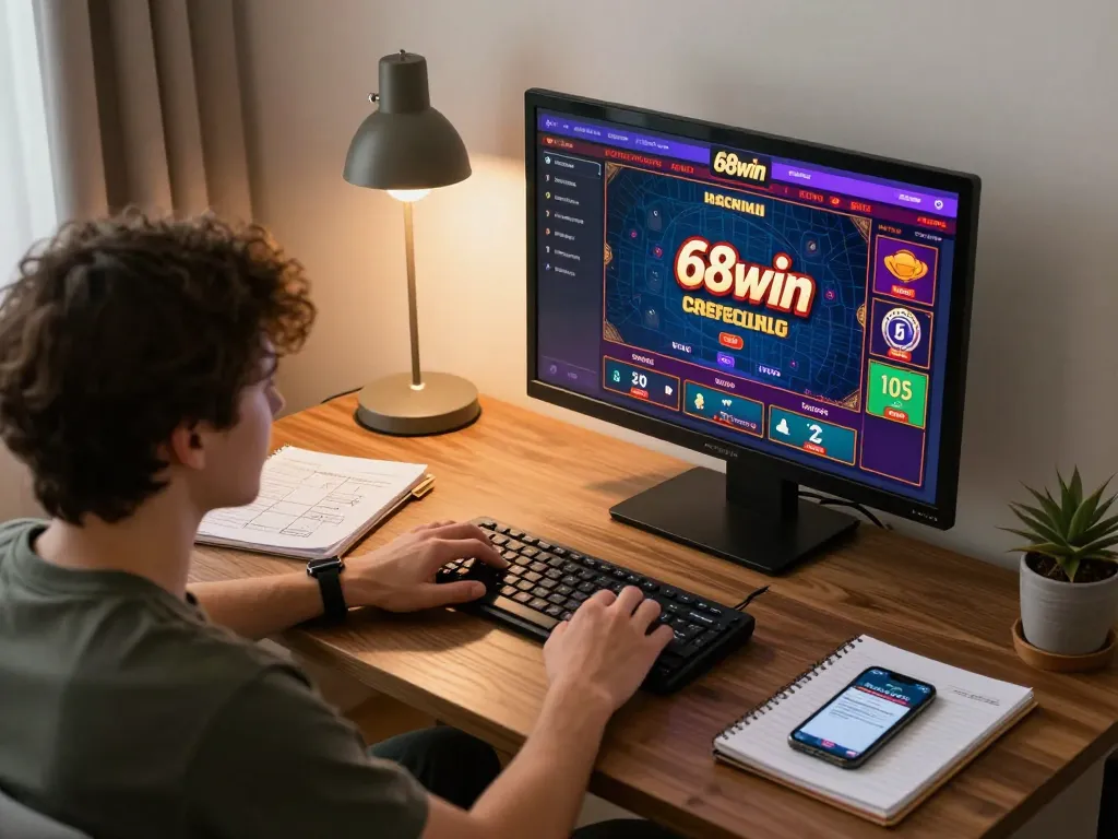 Engaging with the 68win online casino platform on a laptop, surrounded by betting strategy notes.