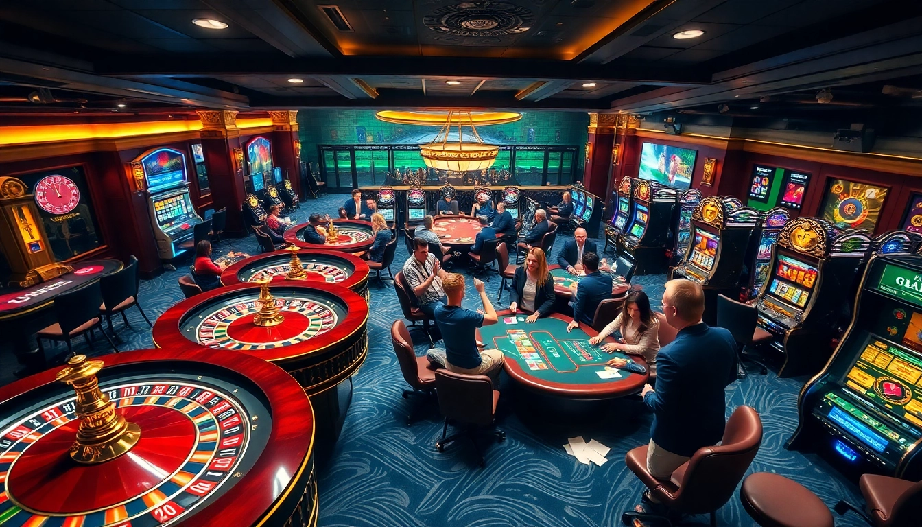 Players enjoying a thrilling session at nhà cái 78win's vibrant casino, featuring roulette and poker tables.