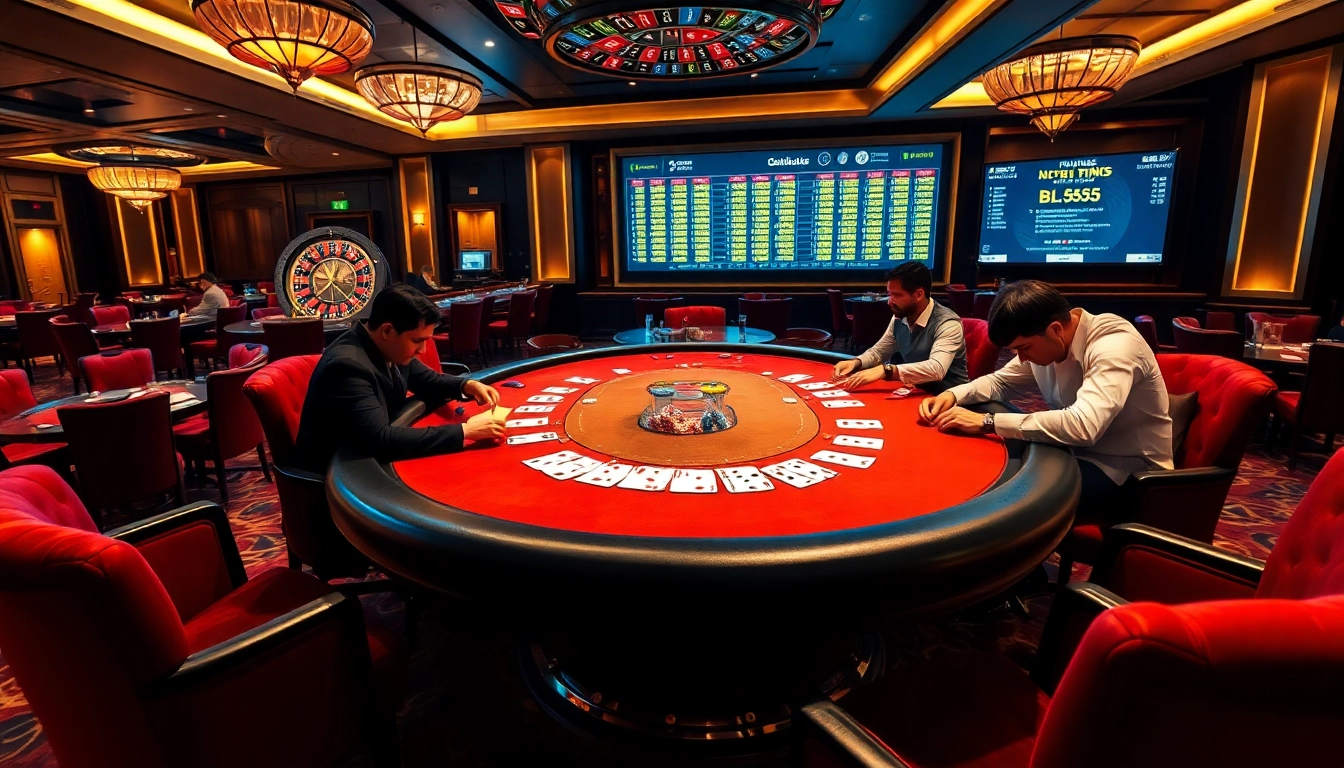 Exciting gambling scene at nhà cái BL555 with players at a poker table and roulette wheel