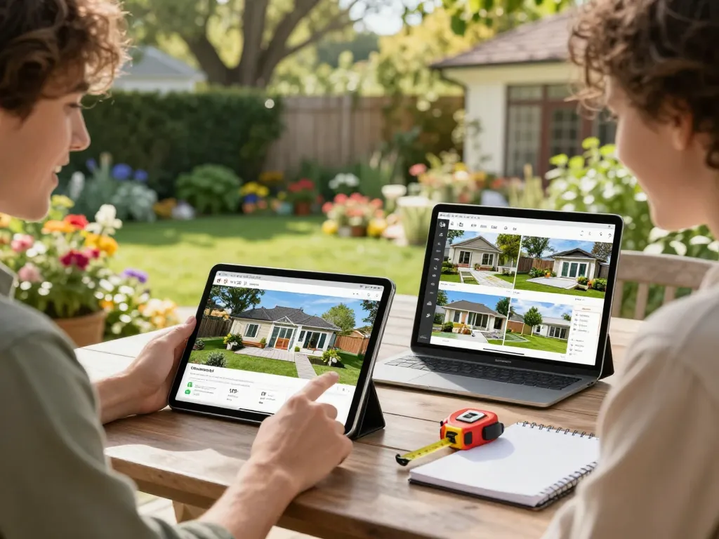 Veranda configurator allowing homeowners to design unique outdoor spaces in a vibrant garden