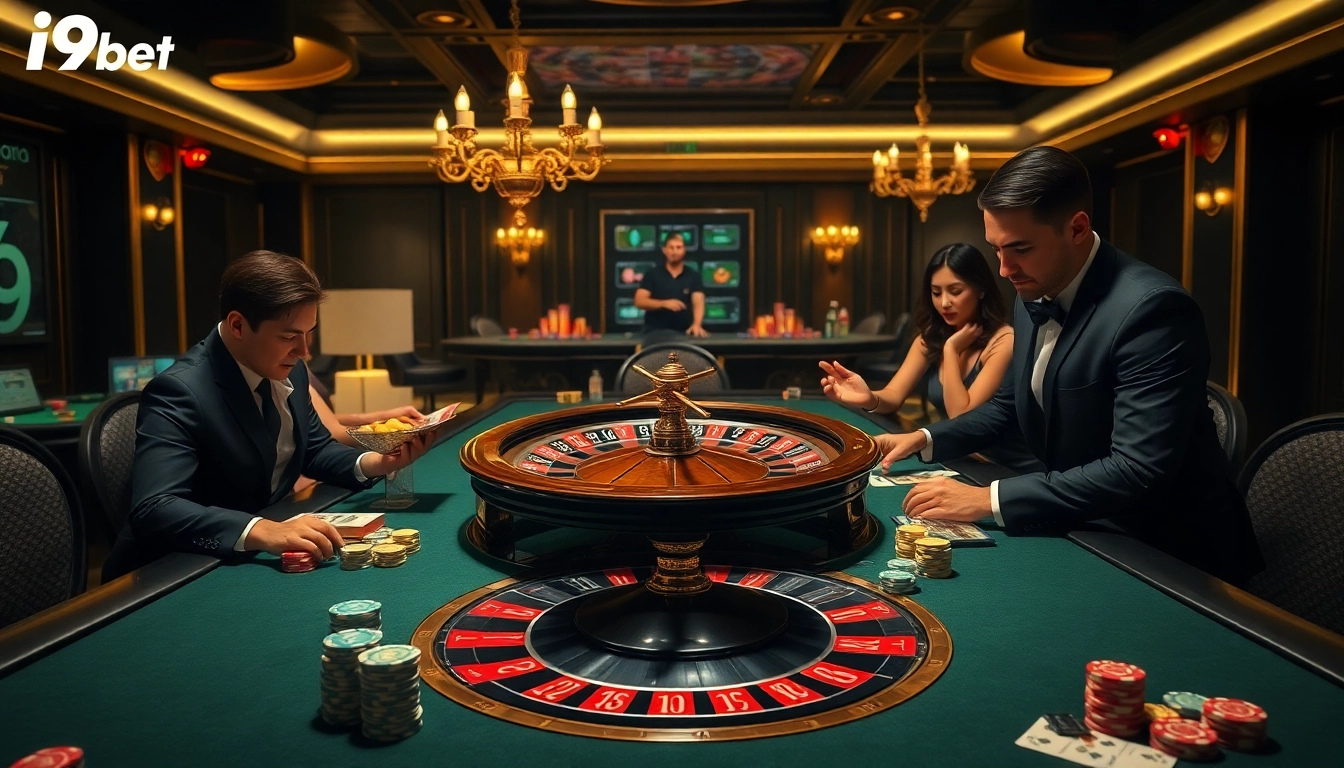 Engaging scene of players at i9bet casino tables, with vibrant poker chips and roulette wheel.