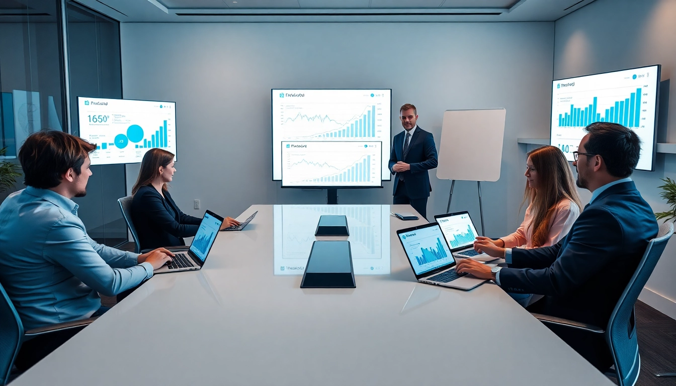 Business leaders reviewing logo go3 fiyatı in a modern conference room with digital tools.