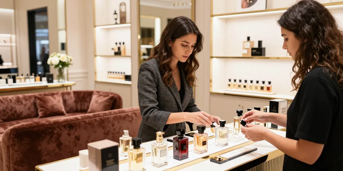 Woman enjoying Razadoxe fragrance in upscale boutique with elegant decor.