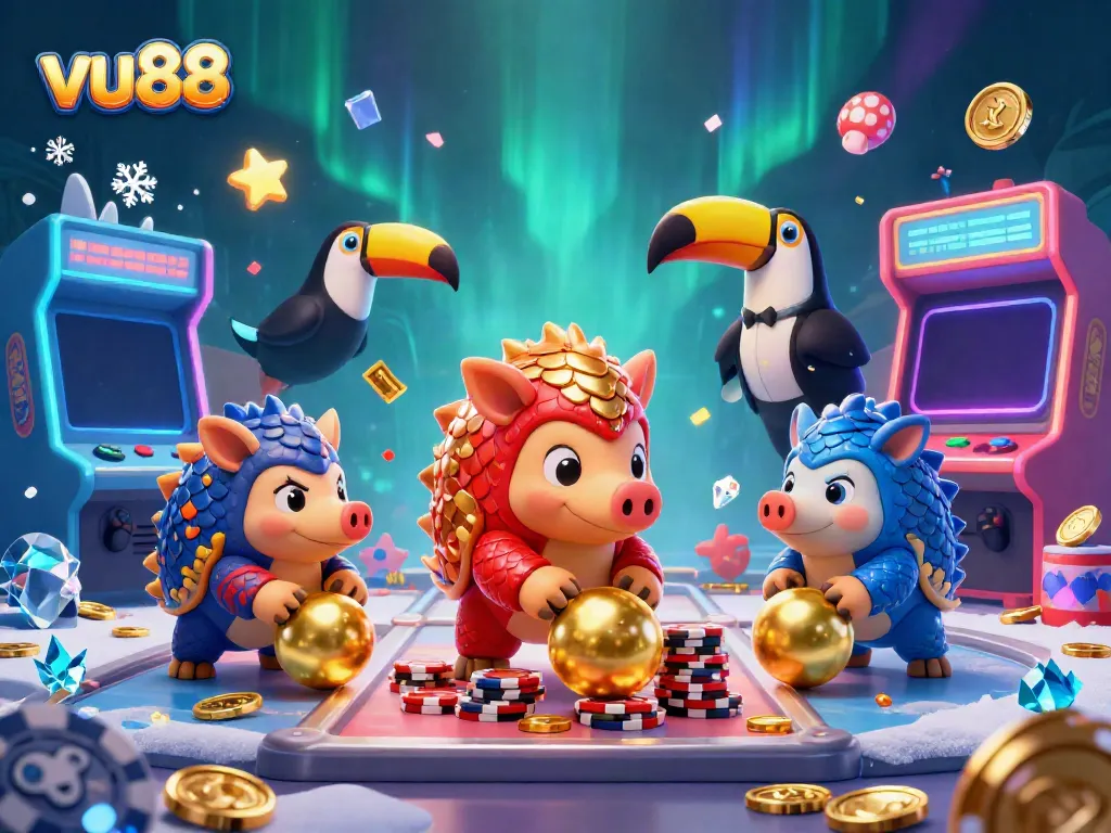 Experience thrilling gameplay at vu88 with a lively 3D casino illustration featuring animated pangolins and colorful arcade machines.