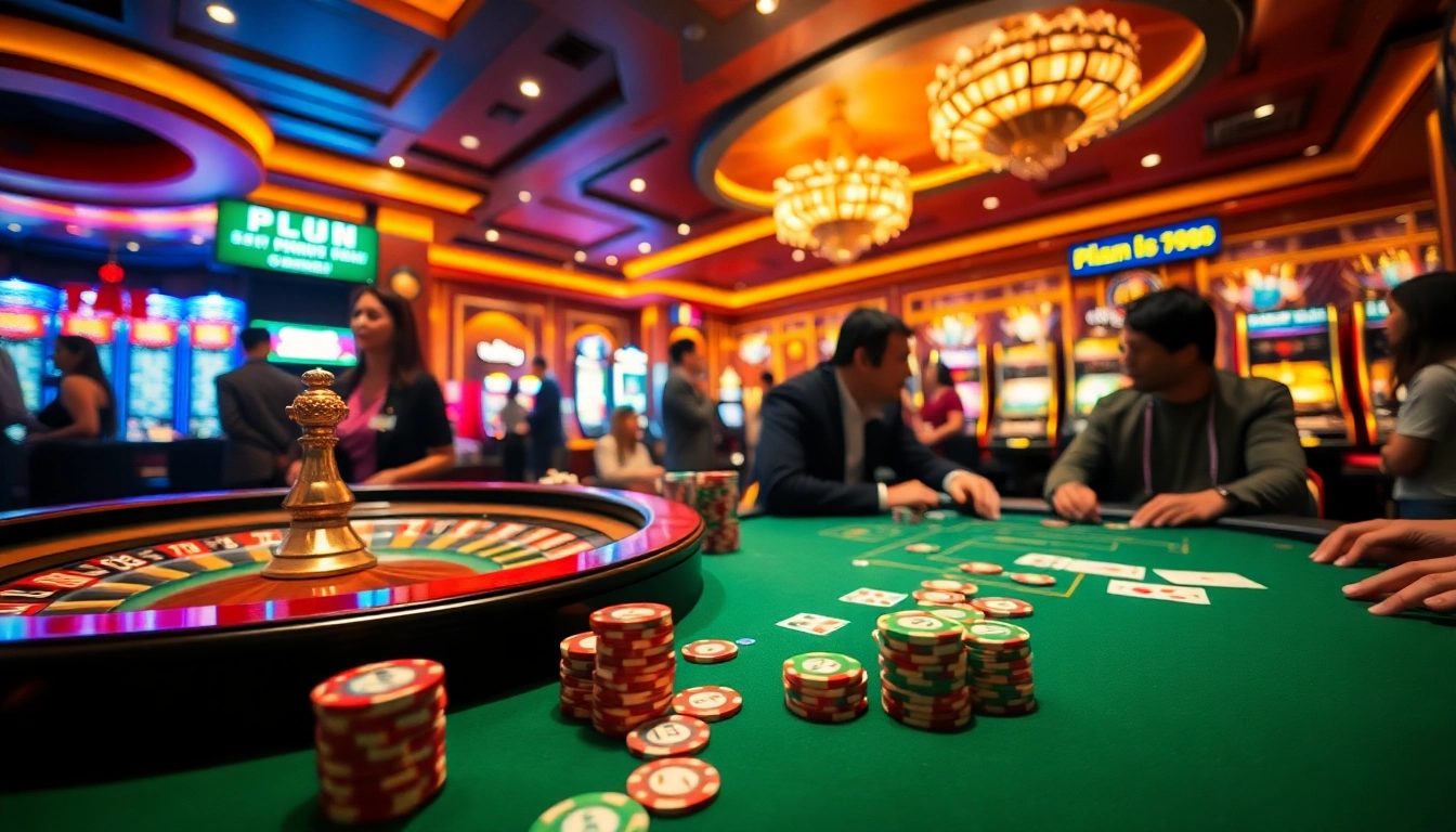 Engage with the top nhà cái in a vibrant casino setting featuring poker tables, roulette, and slot machines.