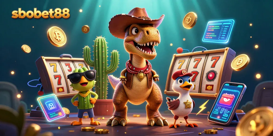 Engage with sbobet88 in a vibrant casino scene featuring a cowboy dinosaur and rich gaming elements.