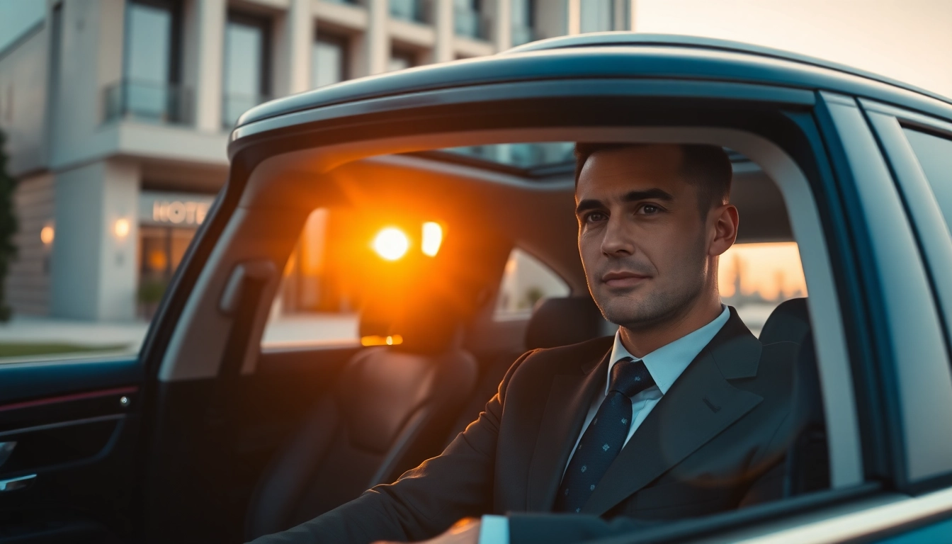 Chauffeur Hire service with a professional driver in a luxury car outside a hotel.