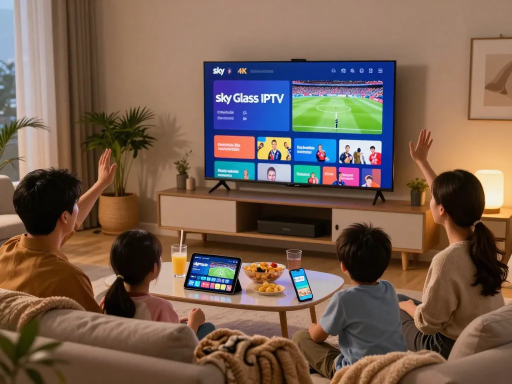 Family enjoying Sky Glass IPTV live sports in 4K quality, cozy living room atmosphere.