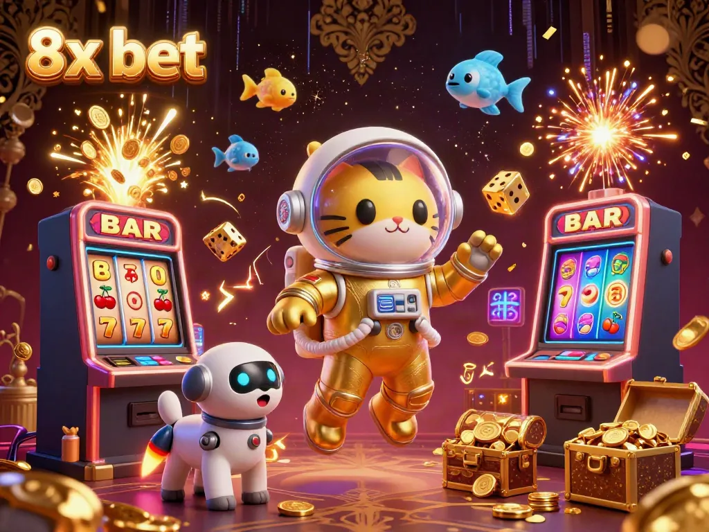 Join the 8x bet adventure with a golden cat astronaut and robot dog amidst casino riches.