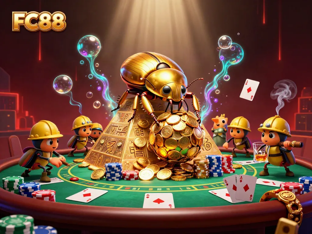 FC88 showcases a golden dung beetle rolling coins amidst vibrant poker game elements