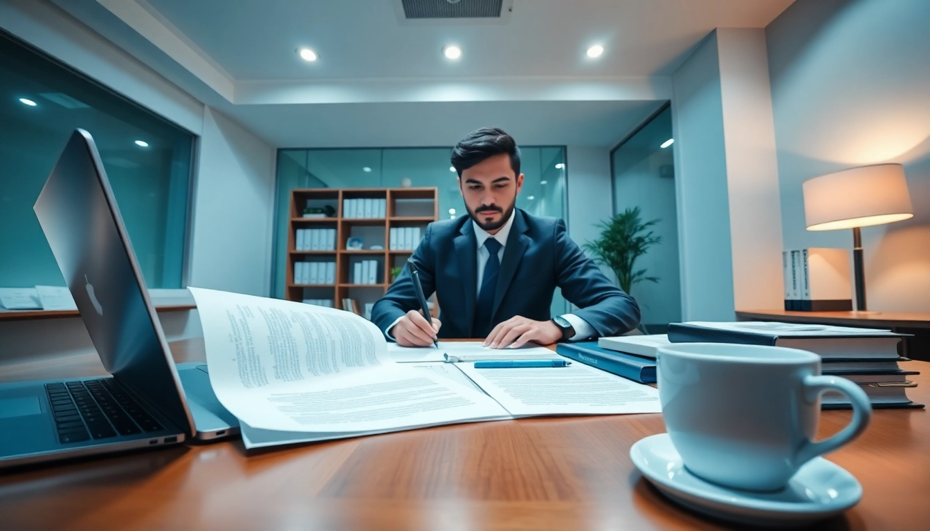Sworn translator working in a modern office, translating legal documents.