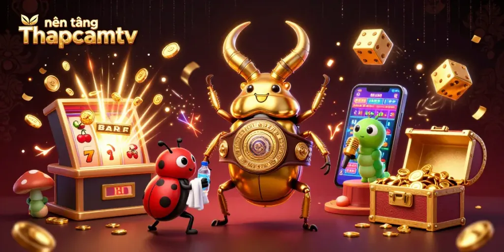 Experience the exciting nền tảng Thapcamtv with a vibrant 3D casino scene featuring dynamic characters and gaming elements.