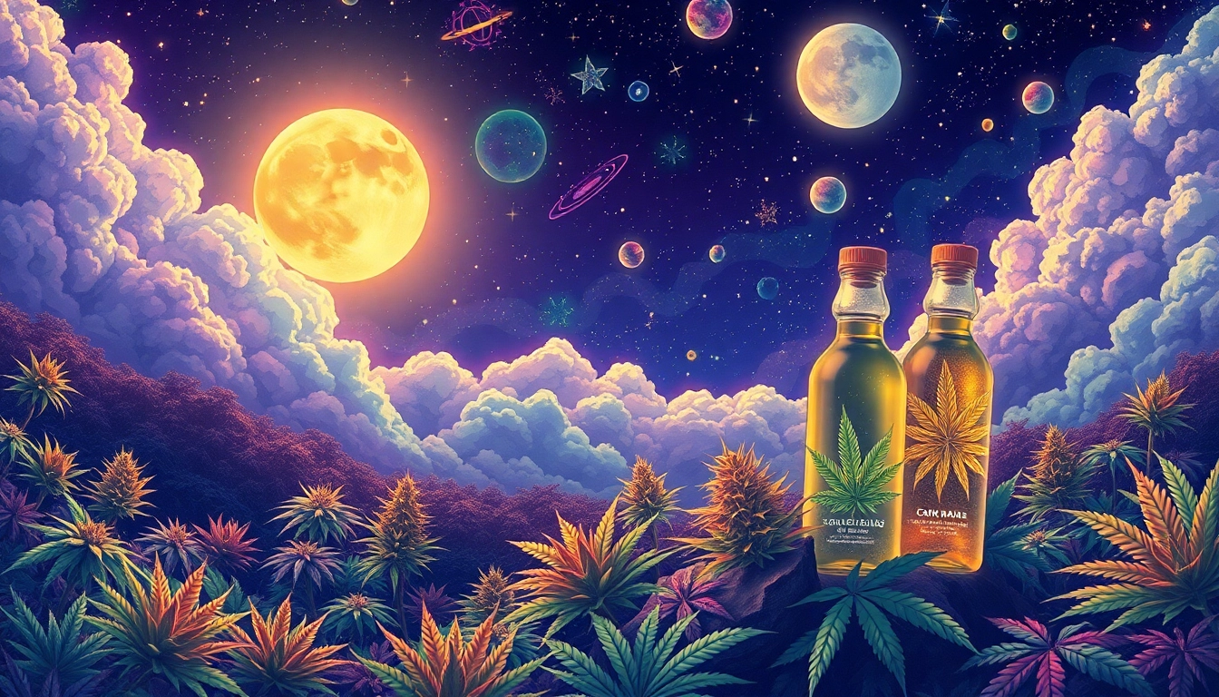 Experience the enchanting cosmic landscape inspired by moonbarguy with vibrant cannabis flora.