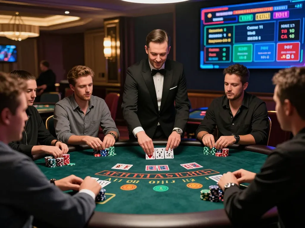 Cách chơi live casino Luck8 luôn thắng with focused players at a blackjack table, highlighting game strategies and excitement.