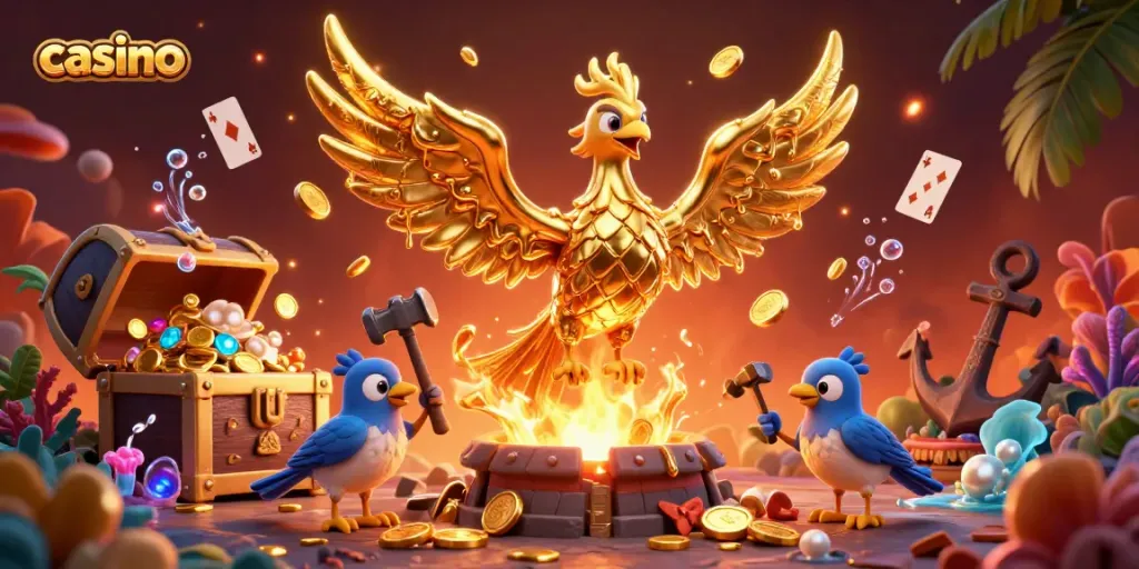 Experience the vibrant energy of a casino illustrated by a golden phoenix amidst sparkling treasures.
