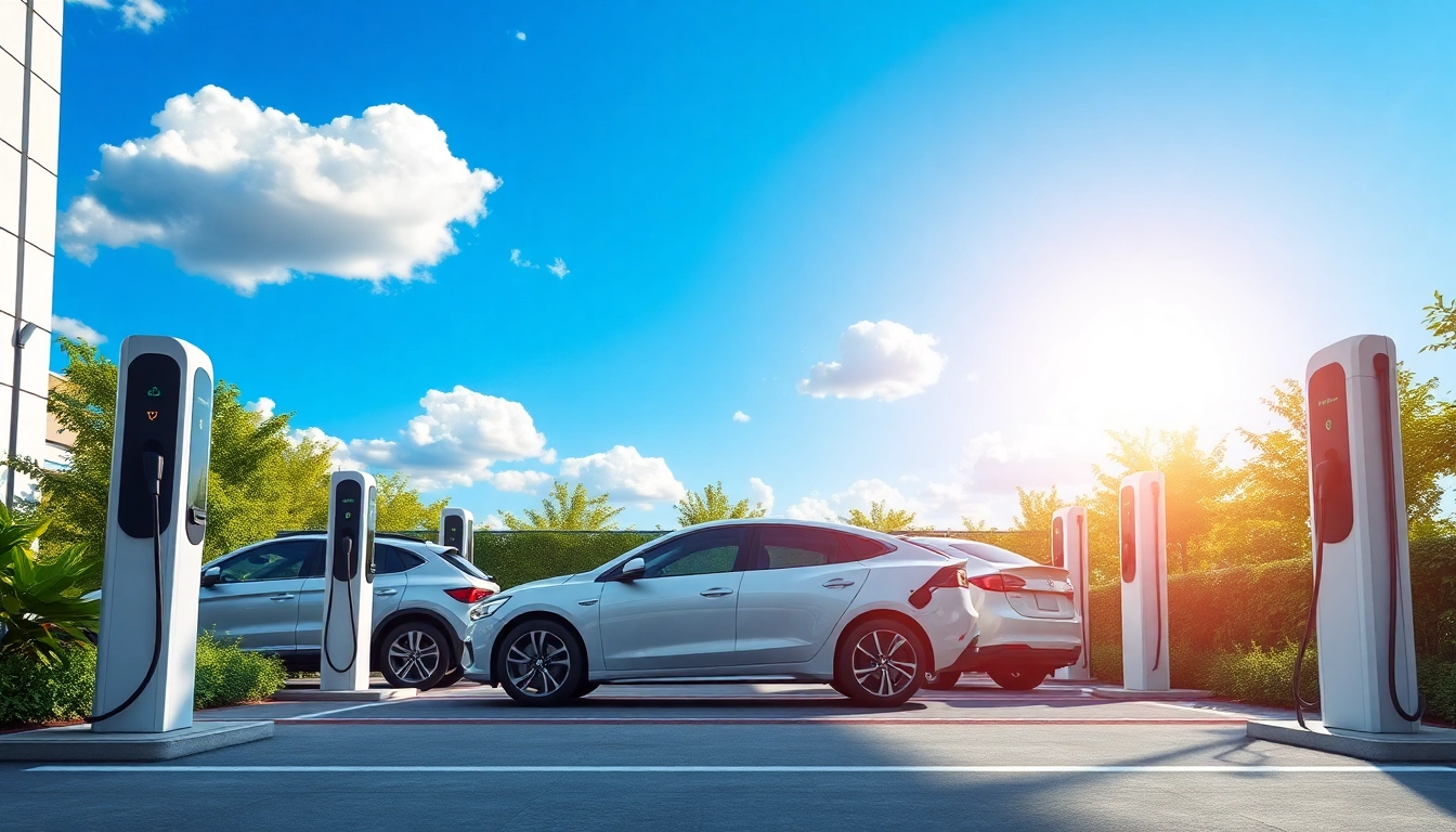 EV Charging Installation setup showcasing modern chargers and electric vehicles in a vibrant commercial space.