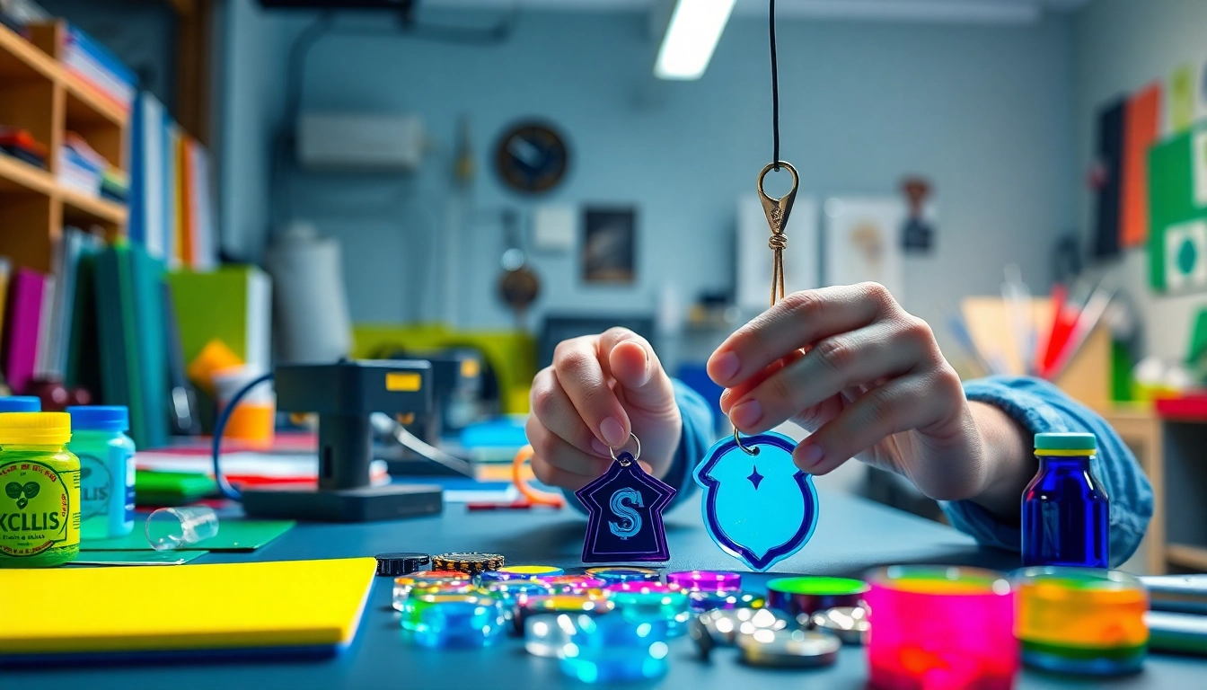 Acrylic keychain maker designing colorful custom keychains in a bright workshop.