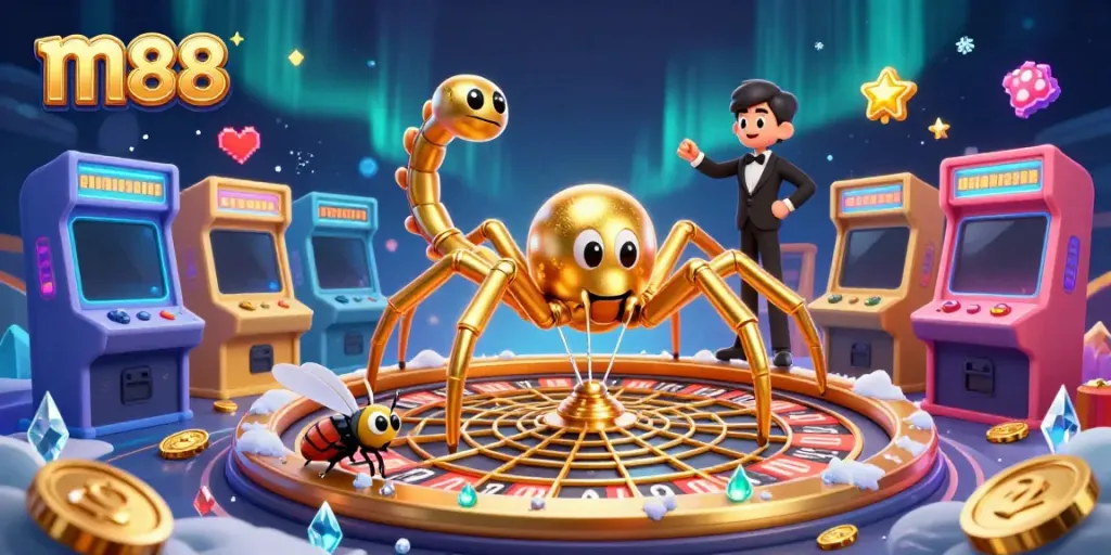 Place bets at m88 casino as a fly approaches the roulette wheel spun by a golden spider.