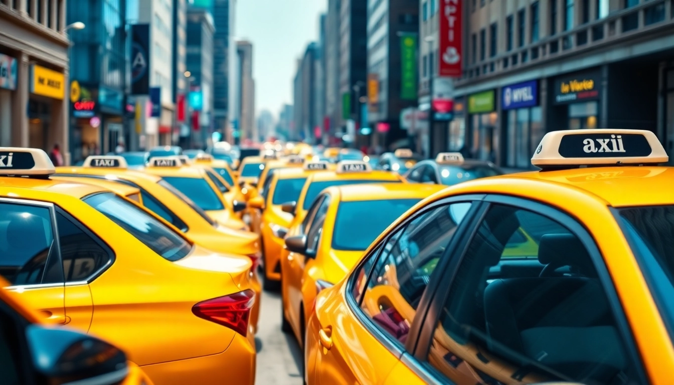 Cabs navigating through a lively urban environment, emphasizing modern transportation options.