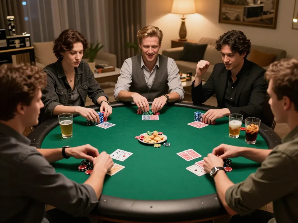 Kuwin poker night setup with players engaged at a round table filled with chips and cards, creating an exciting game atmosphere.
