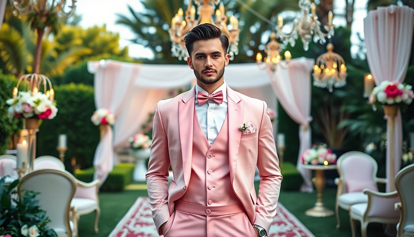 Stylish male model presenting designer menswear at an elegant wedding venue.