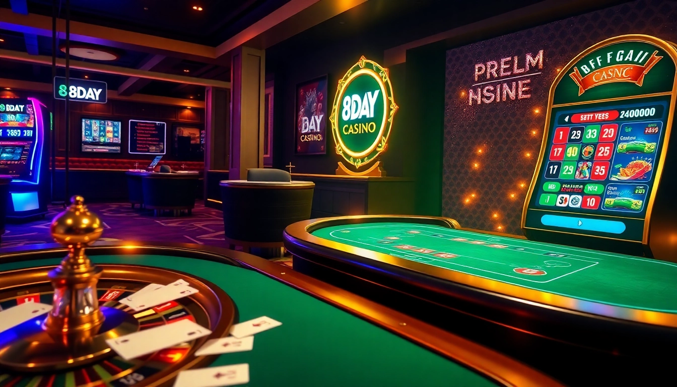 Play a thrilling game at 8DAY's casino, featuring vibrant poker chips and an elegant roulette wheel.