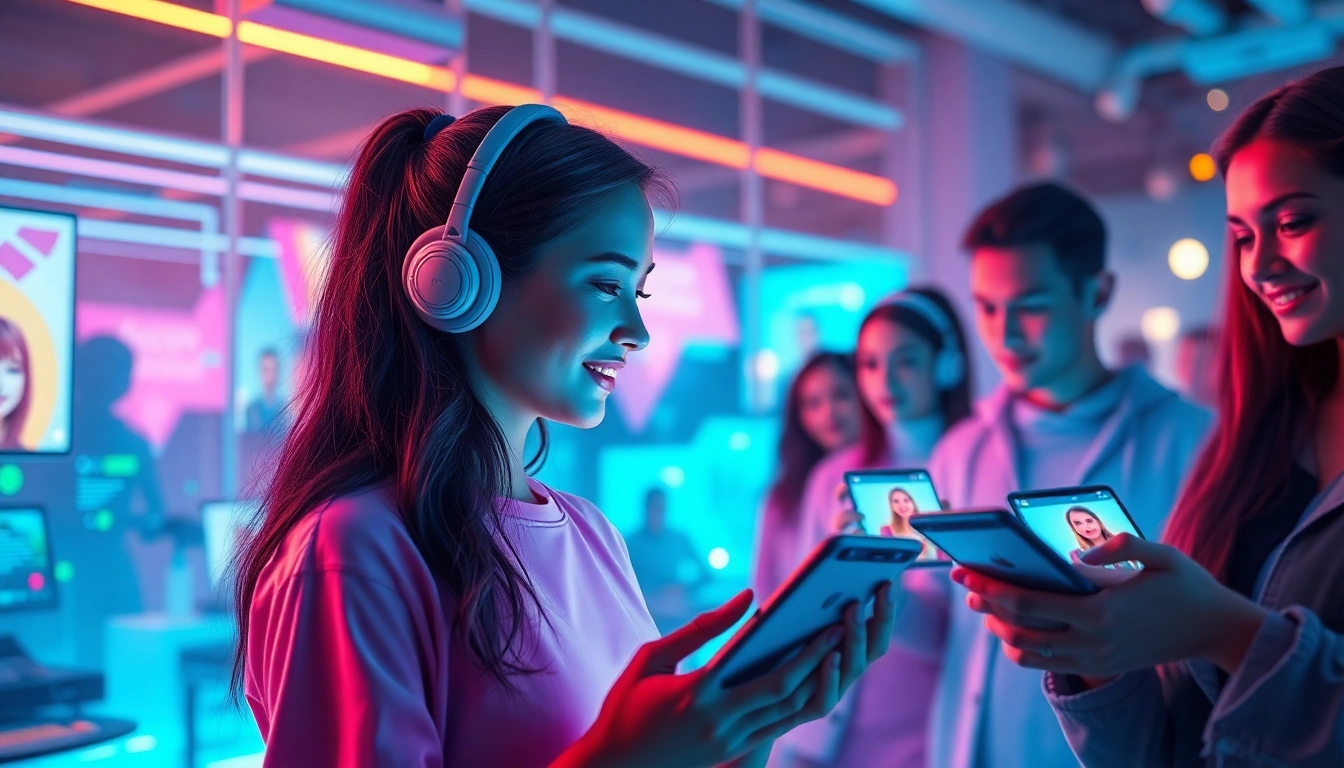 Engaging AI sex chat experience with diverse characters interacting with futuristic chatbots.