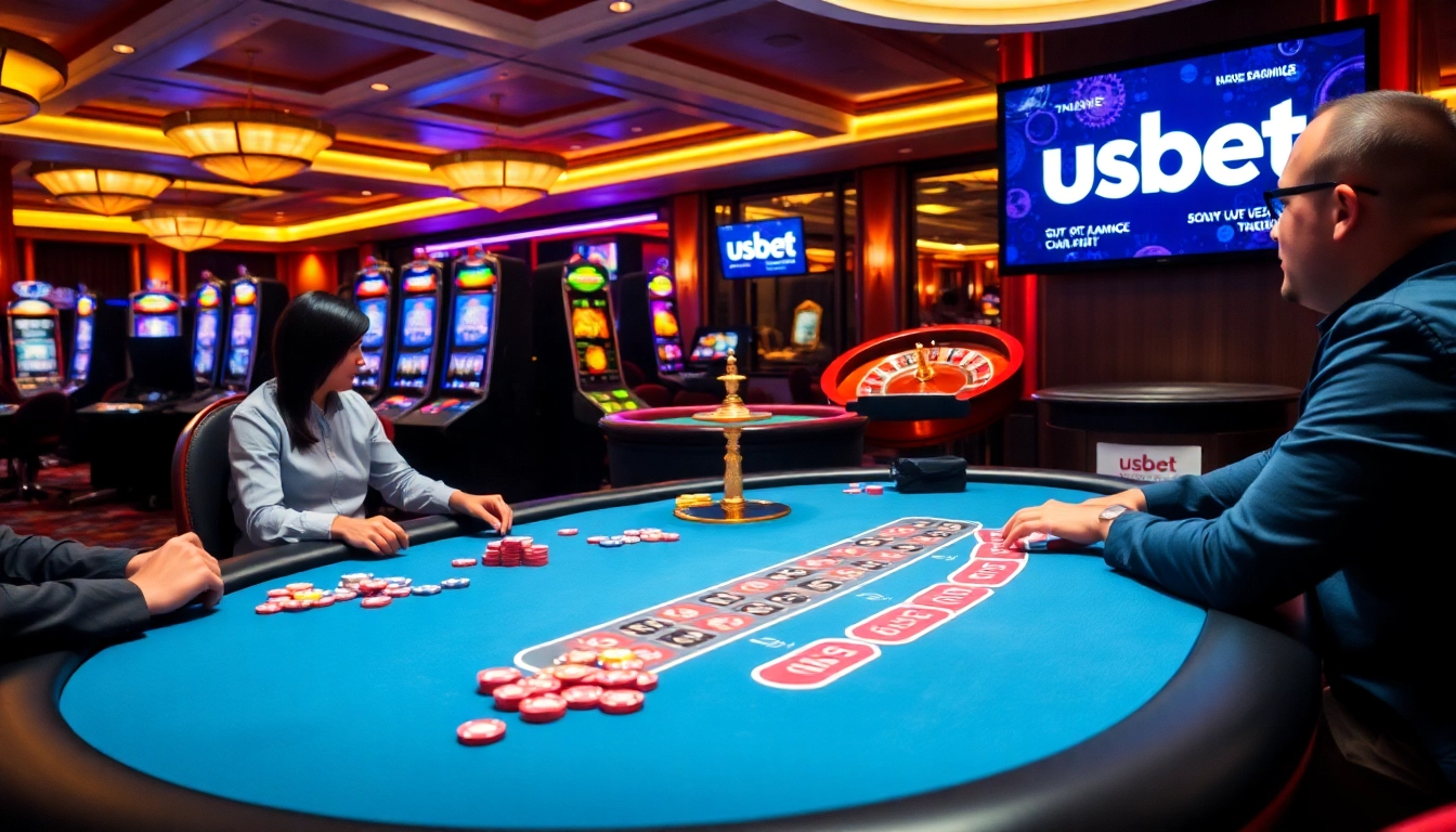 Exciting gambling at USBET casino with engaging poker players and vibrant slot machines.