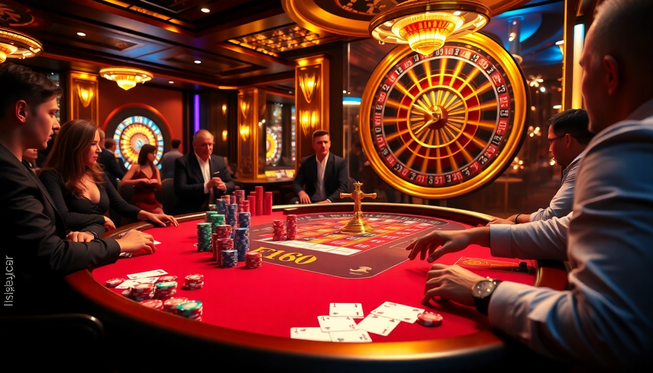 F168 players engaged in a thrilling poker game at a vibrant casino table with chips and cards.