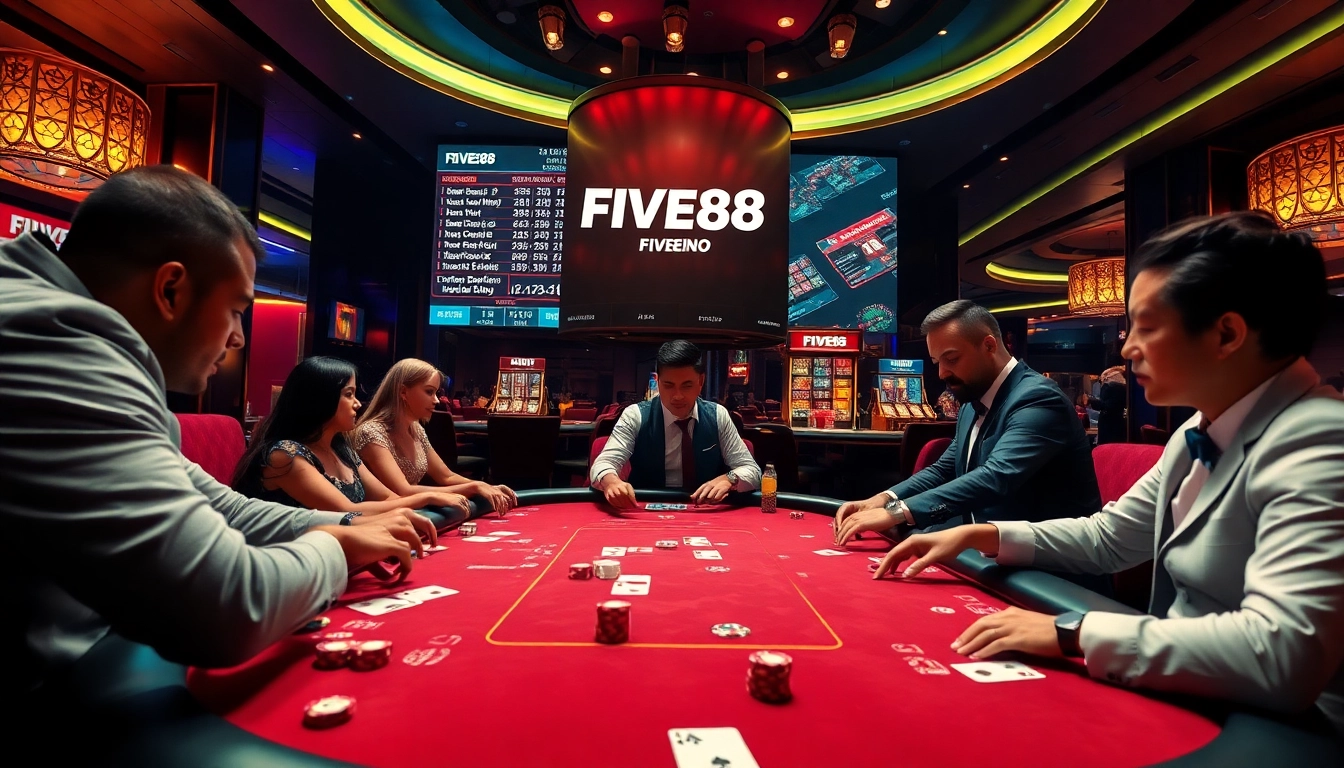 Players enjoying an exciting poker game at FIVE88 casino with vibrant atmosphere and luxury decor.