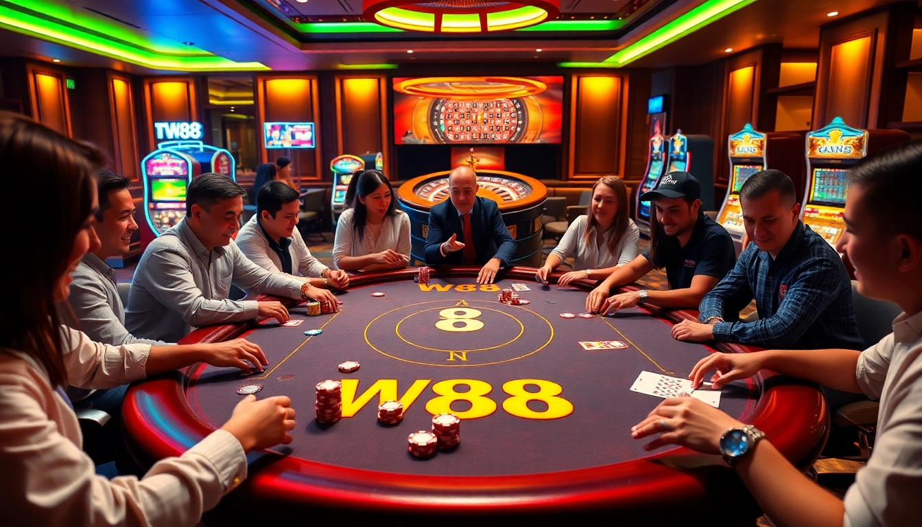 Players enjoying a thrilling game at the W88 poker table with vibrant casino atmosphere.